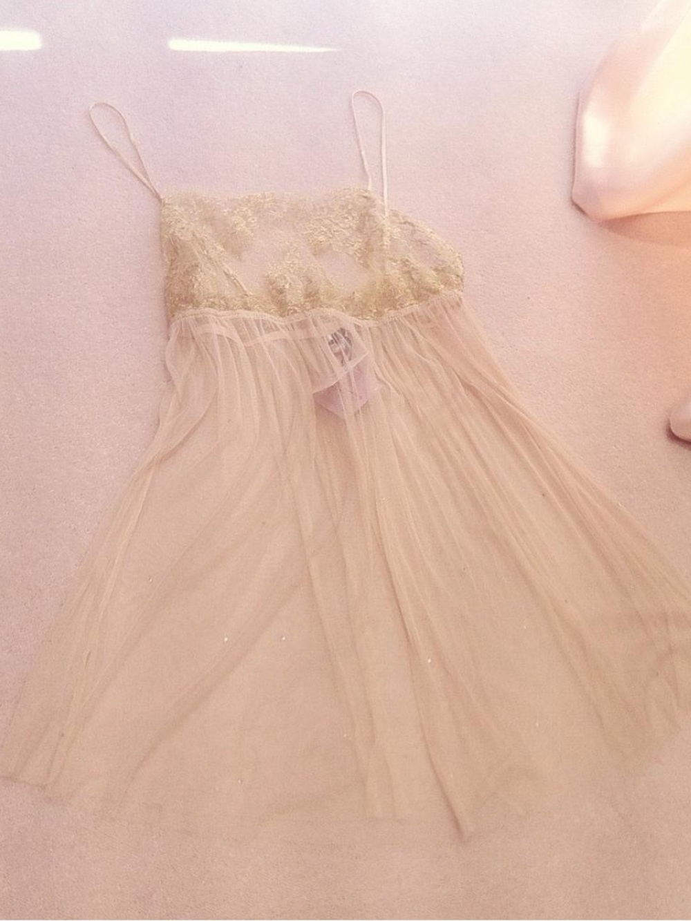 Gilda & Pearl Lingerie Babydoll Negligee Silk Tulle Gold Lace Romantic Fairy M/L
